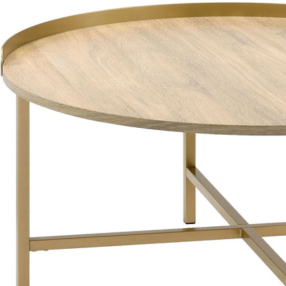 34" Oak and Gold Wood And Metal Round Sled Coffee Table - Loft&Timber
