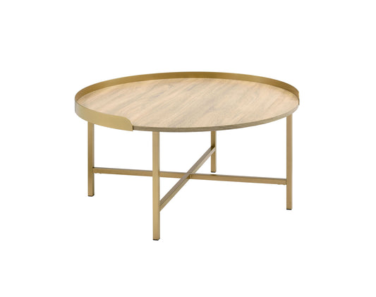 34" Oak and Gold Wood And Metal Round Sled Coffee Table - Loft&Timber