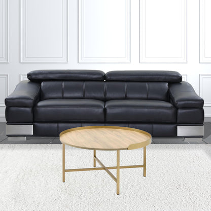 34" Oak and Gold Wood And Metal Round Sled Coffee Table - Loft&Timber