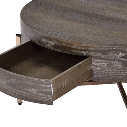 32" Dark Brown and Champagne Wood And Metal Round Sled Coffee Table With Drawer - Loft&Timber