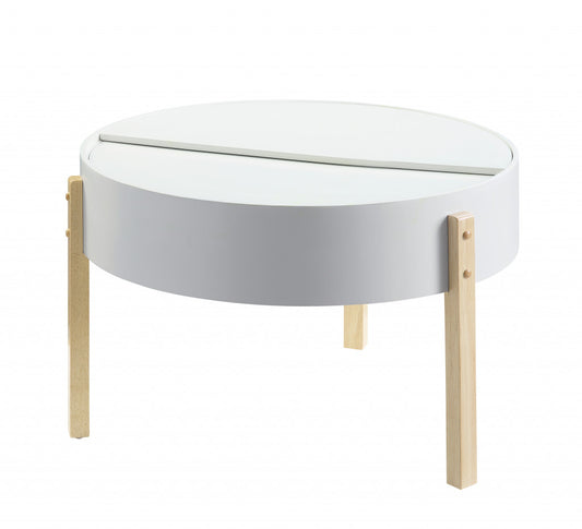 32" White and Natural Wood And Solid Wood Round Coffee Table - Loft&Timber