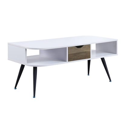 44" White and Black Melamine Veneer And Metal Coffee Table With Drawer And Shelf - Loft&Timber