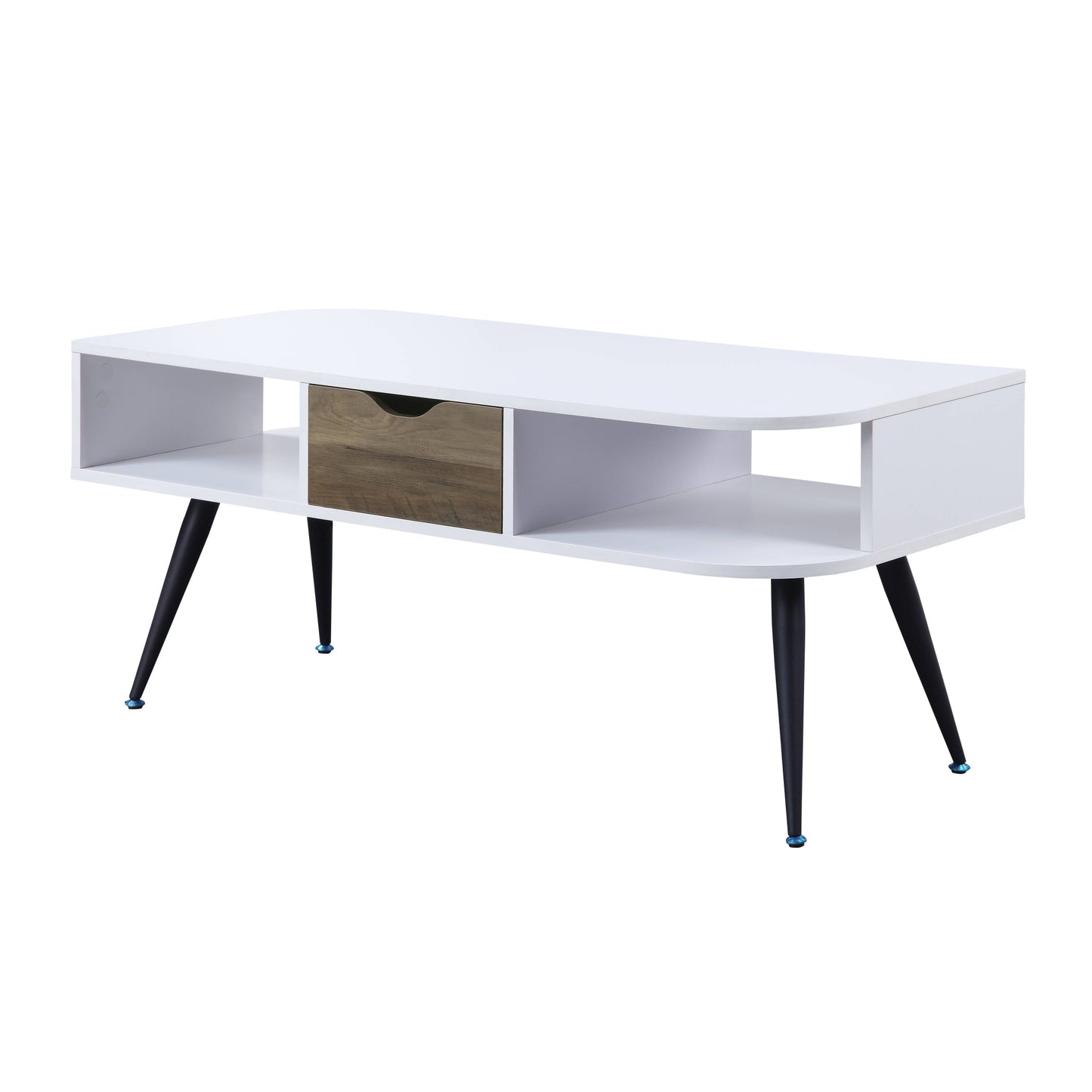 44" White and Black Melamine Veneer And Metal Coffee Table With Drawer And Shelf - Loft&Timber