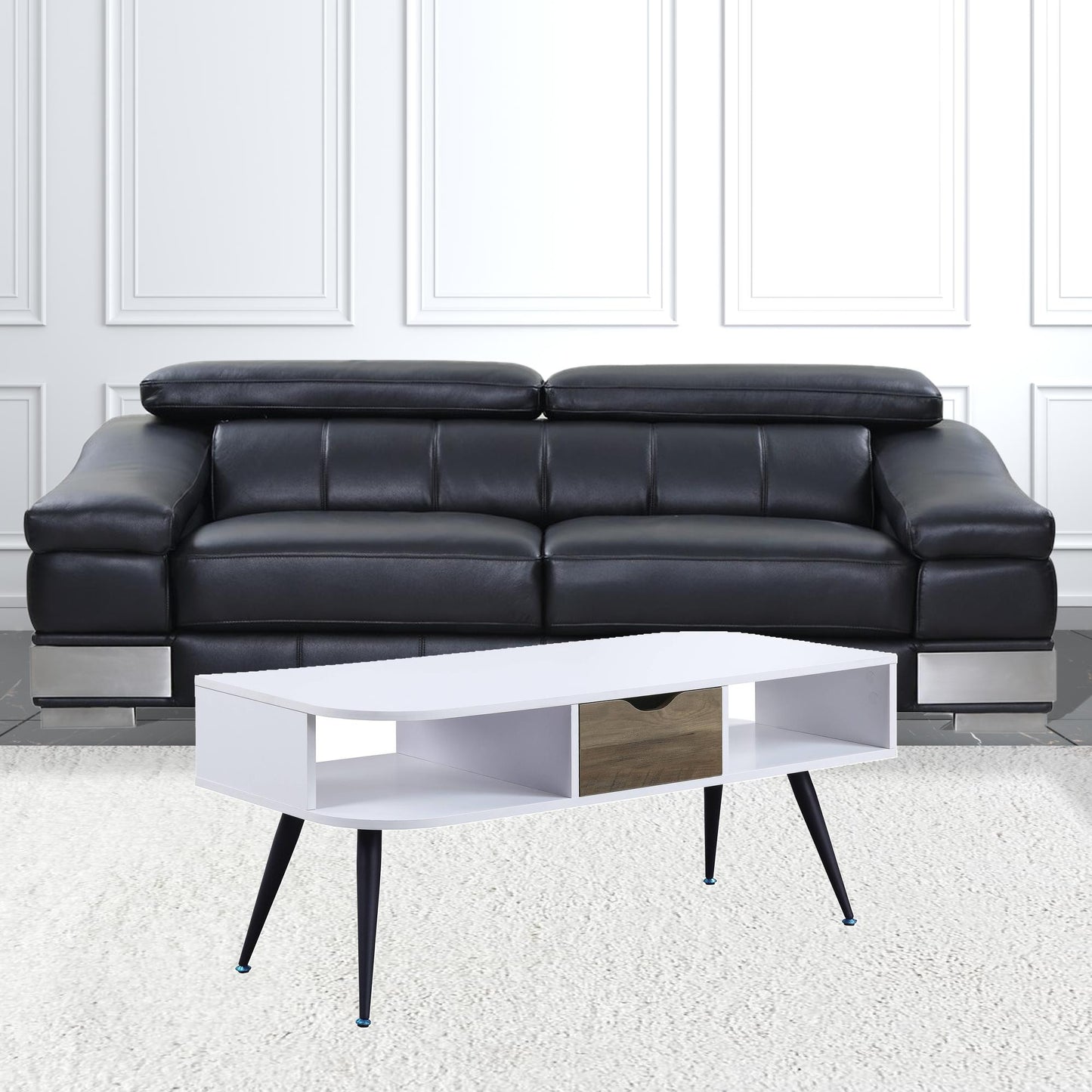 44" White and Black Melamine Veneer And Metal Coffee Table With Drawer And Shelf - Loft&Timber