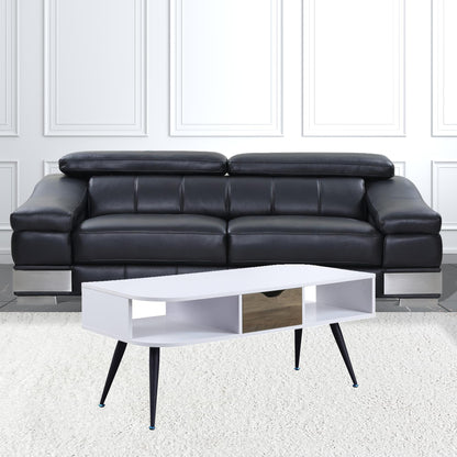 44" White and Black Melamine Veneer And Metal Coffee Table With Drawer And Shelf - Loft&Timber