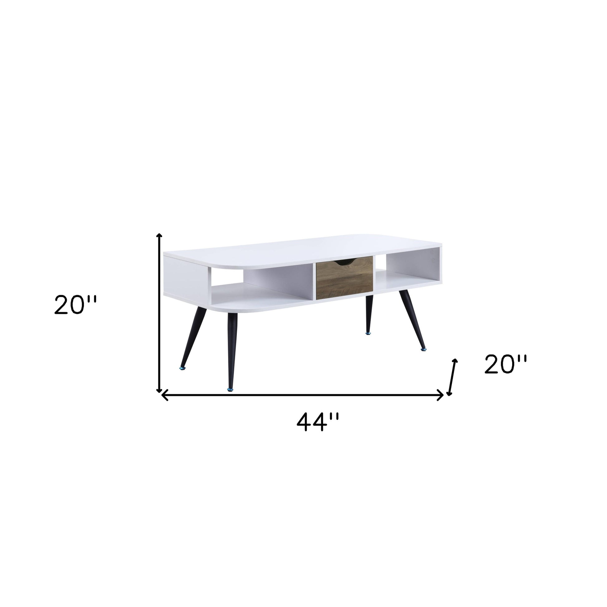 44" White and Black Melamine Veneer And Metal Coffee Table With Drawer And Shelf - Loft&Timber