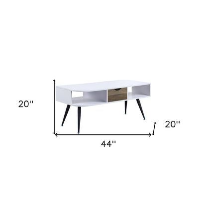 44" White and Black Melamine Veneer And Metal Coffee Table With Drawer And Shelf - Loft&Timber