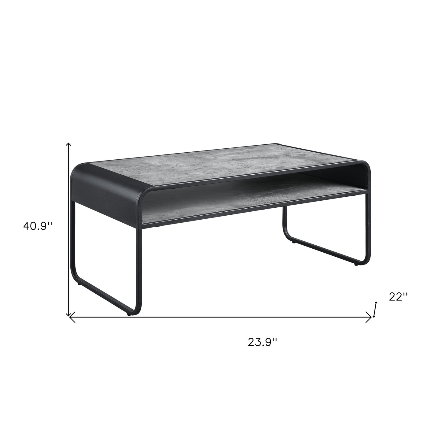 42" Gray and Black Concrete And Metal Sled Coffee Table With Shelf - Loft&Timber