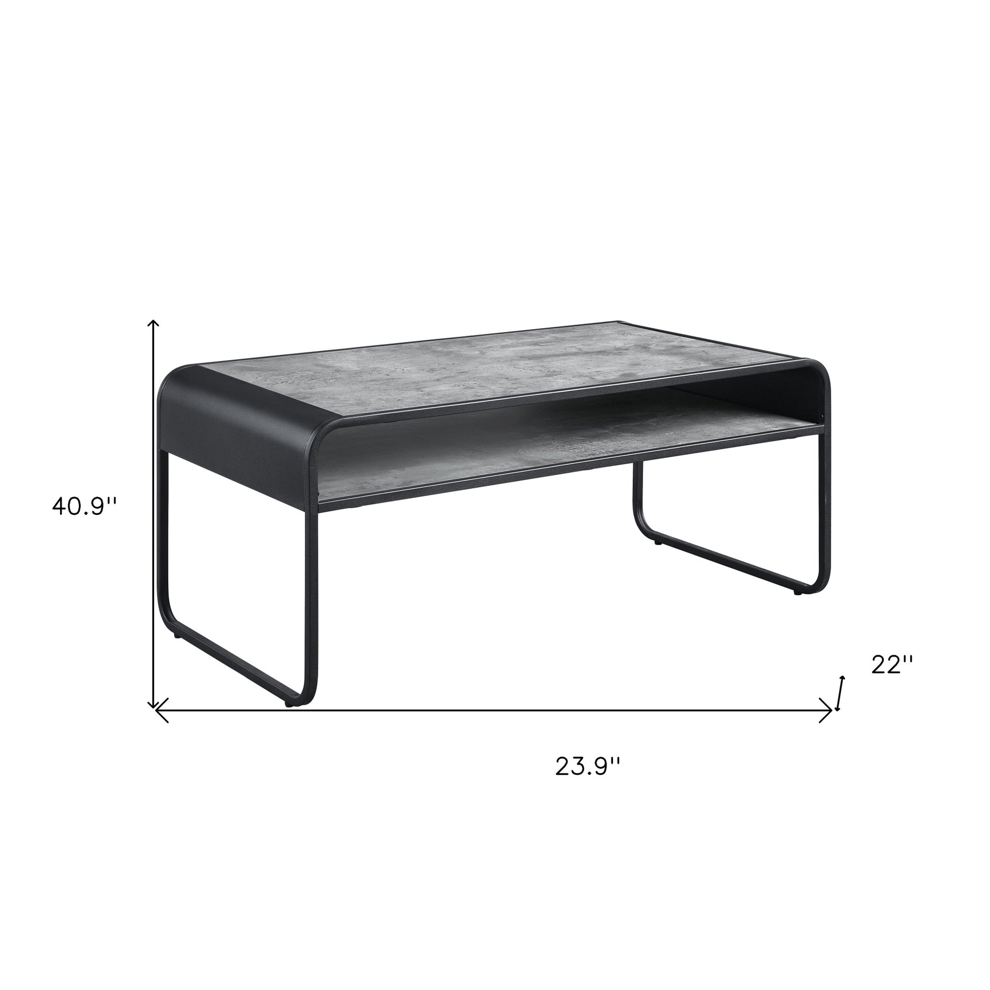 42" Gray and Black Concrete And Metal Sled Coffee Table With Shelf - Loft&Timber