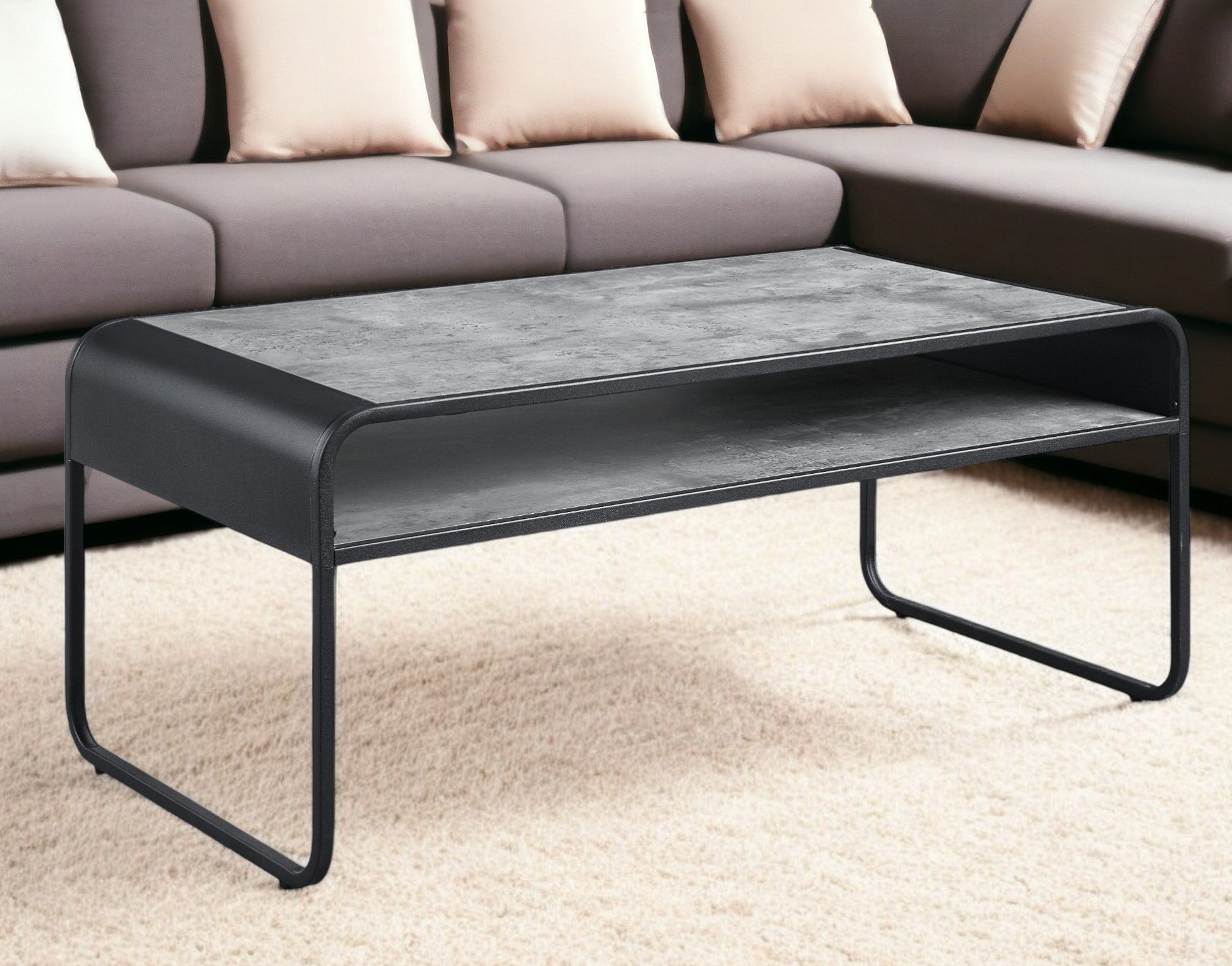 42" Gray and Black Concrete And Metal Sled Coffee Table With Shelf - Loft&Timber