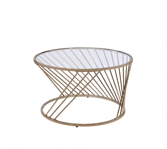 32" Clear and Champagne Glass And Metal Round Frame Coffee Table - Loft&Timber