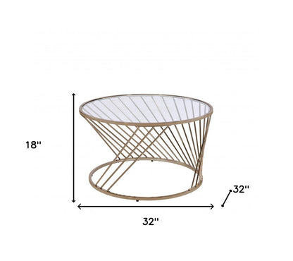 32" Clear and Champagne Glass And Metal Round Frame Coffee Table - Loft&Timber