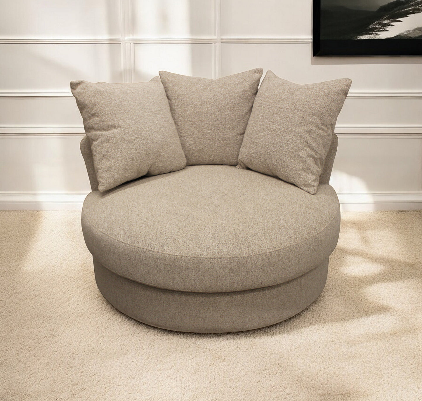 44" Sand Linen Upholstered Swivel Round Accent Chair And Toss Pillows - Loft&Timber