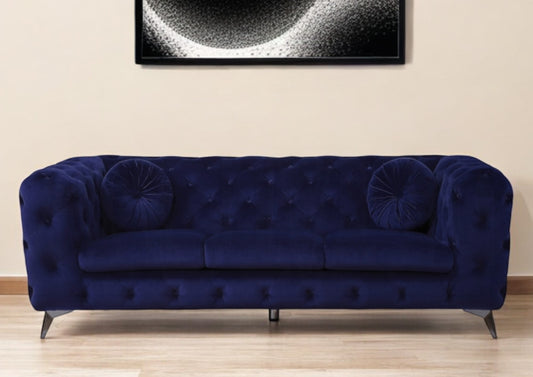 90" Blue Velvet Chesterfield Sofa With Silver Legs-0