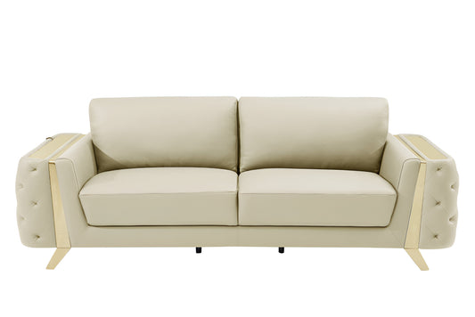 90" Beige Italian Leather Sofa With Gold Legs-1