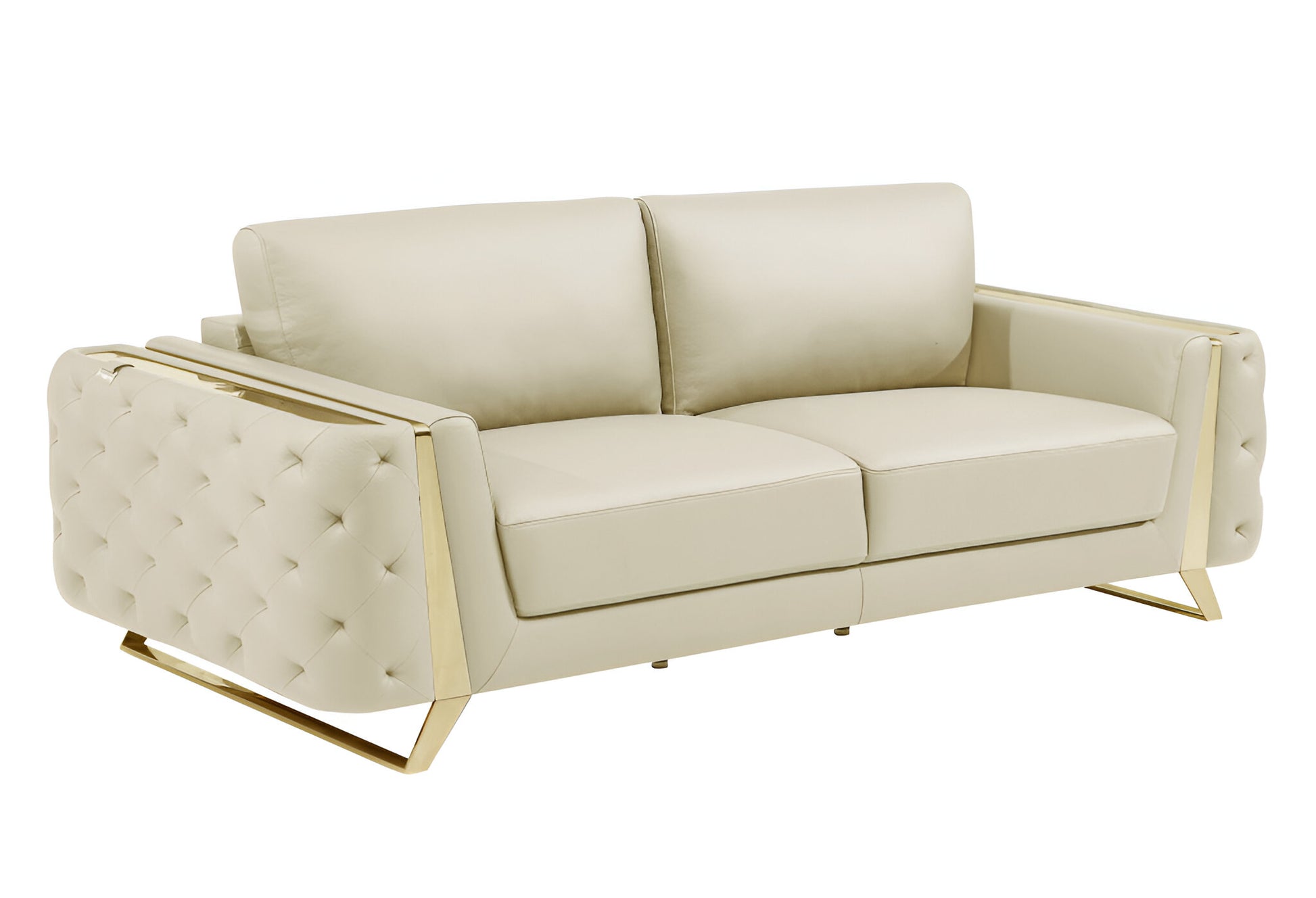 90" Beige Italian Leather Sofa With Gold Legs-2