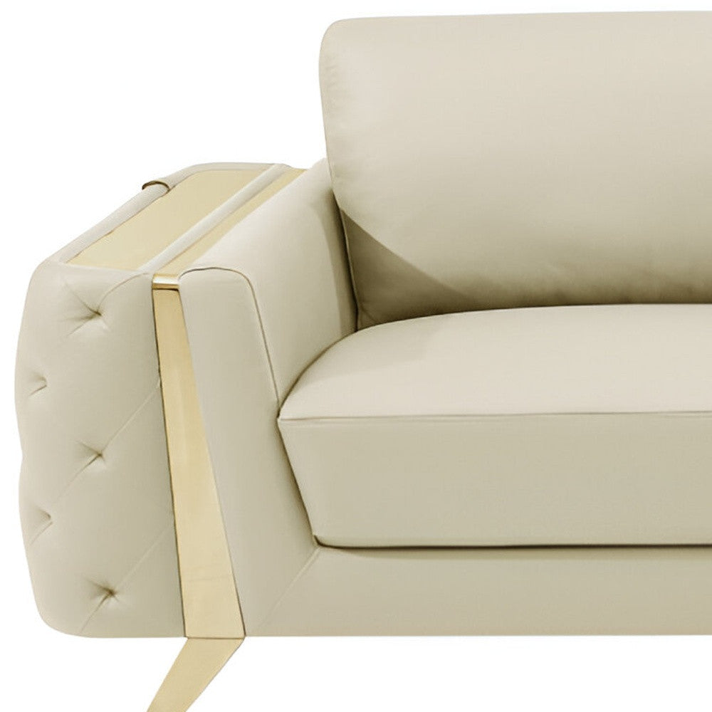 90" Beige Italian Leather Sofa With Gold Legs-6