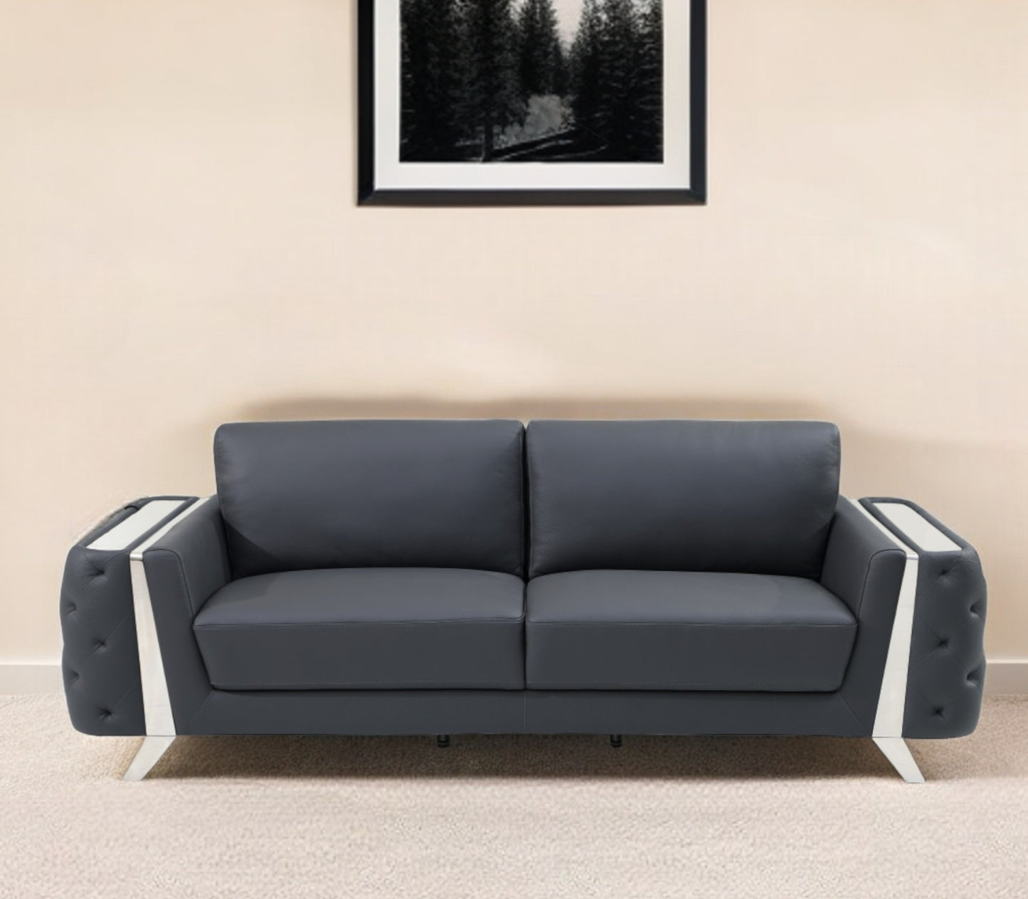 90" Gray Italian Leather Sofa With Silver Legs-0