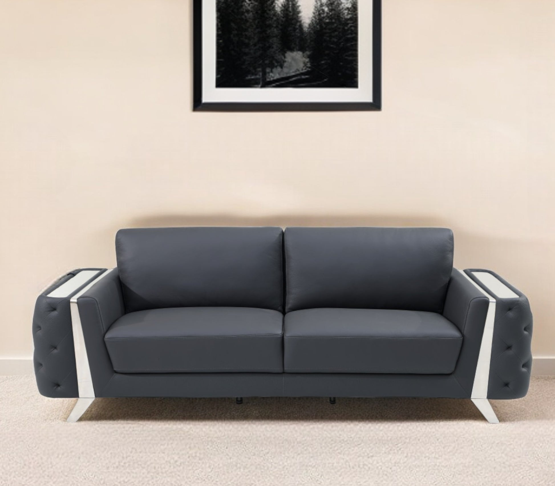 90" Gray Italian Leather Sofa With Silver Legs-0