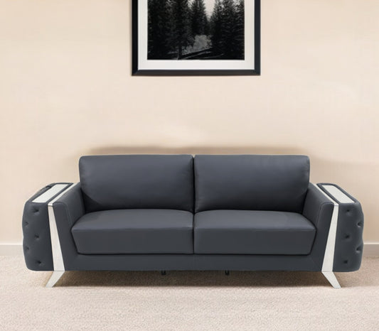 90" Gray Italian Leather Sofa With Silver Legs-0
