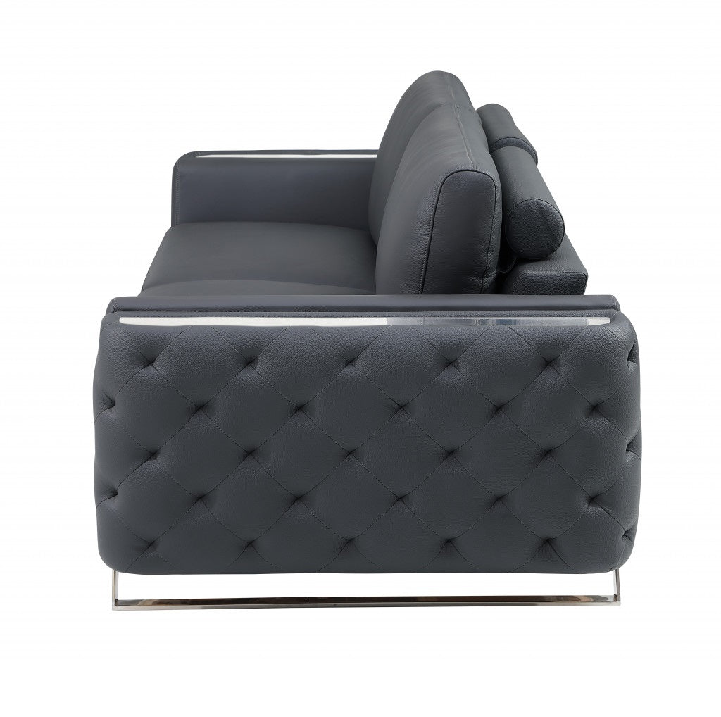 90" Gray Italian Leather Sofa With Silver Legs-5