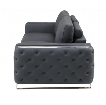 90" Gray Italian Leather Sofa With Silver Legs-5