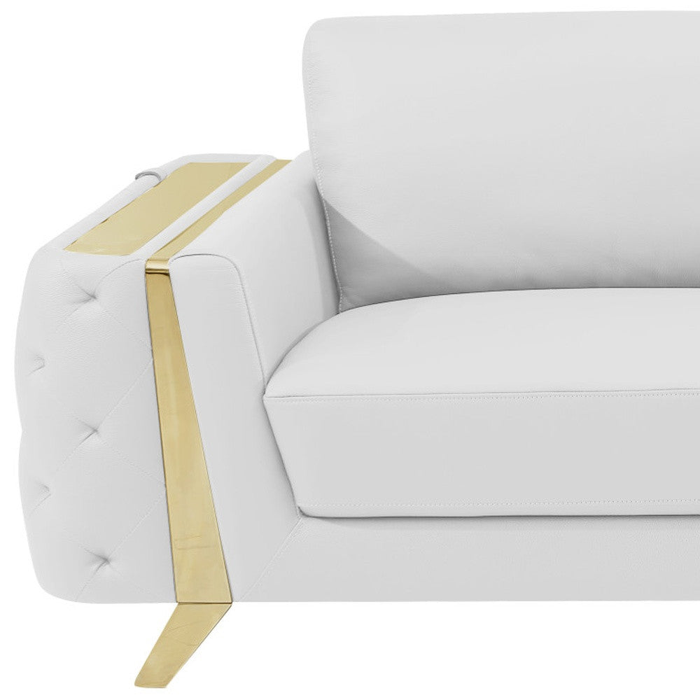 90" White Italian Leather Sofa With Gold Legs-8
