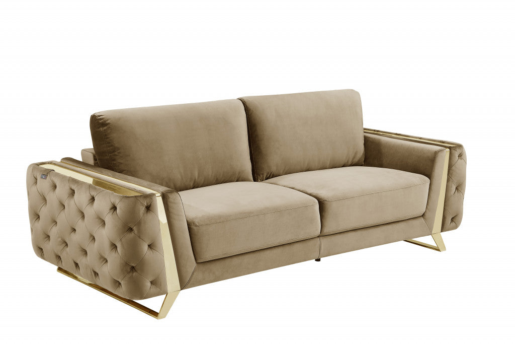 90" Beige Velvet Sofa With Gold Legs-3