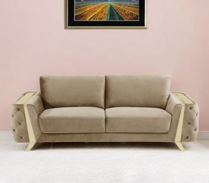 90" Beige Velvet Sofa With Gold Legs-1