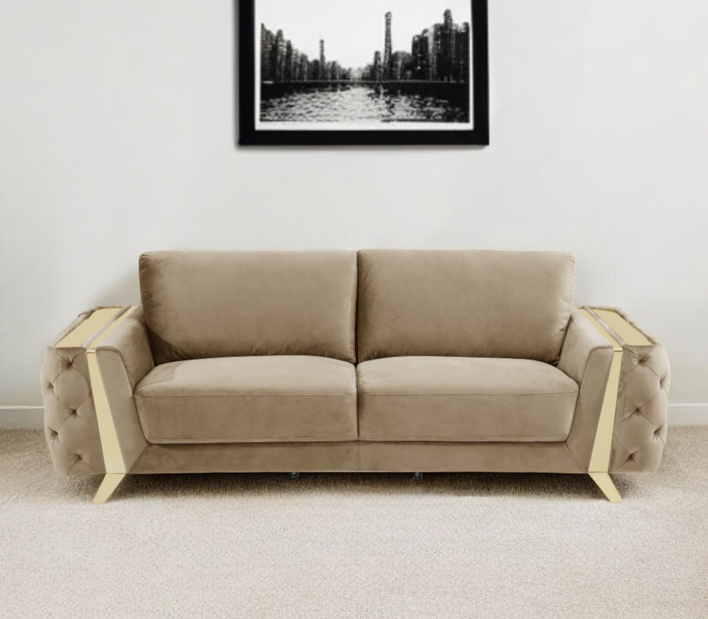90" Beige Velvet Sofa With Gold Legs-0