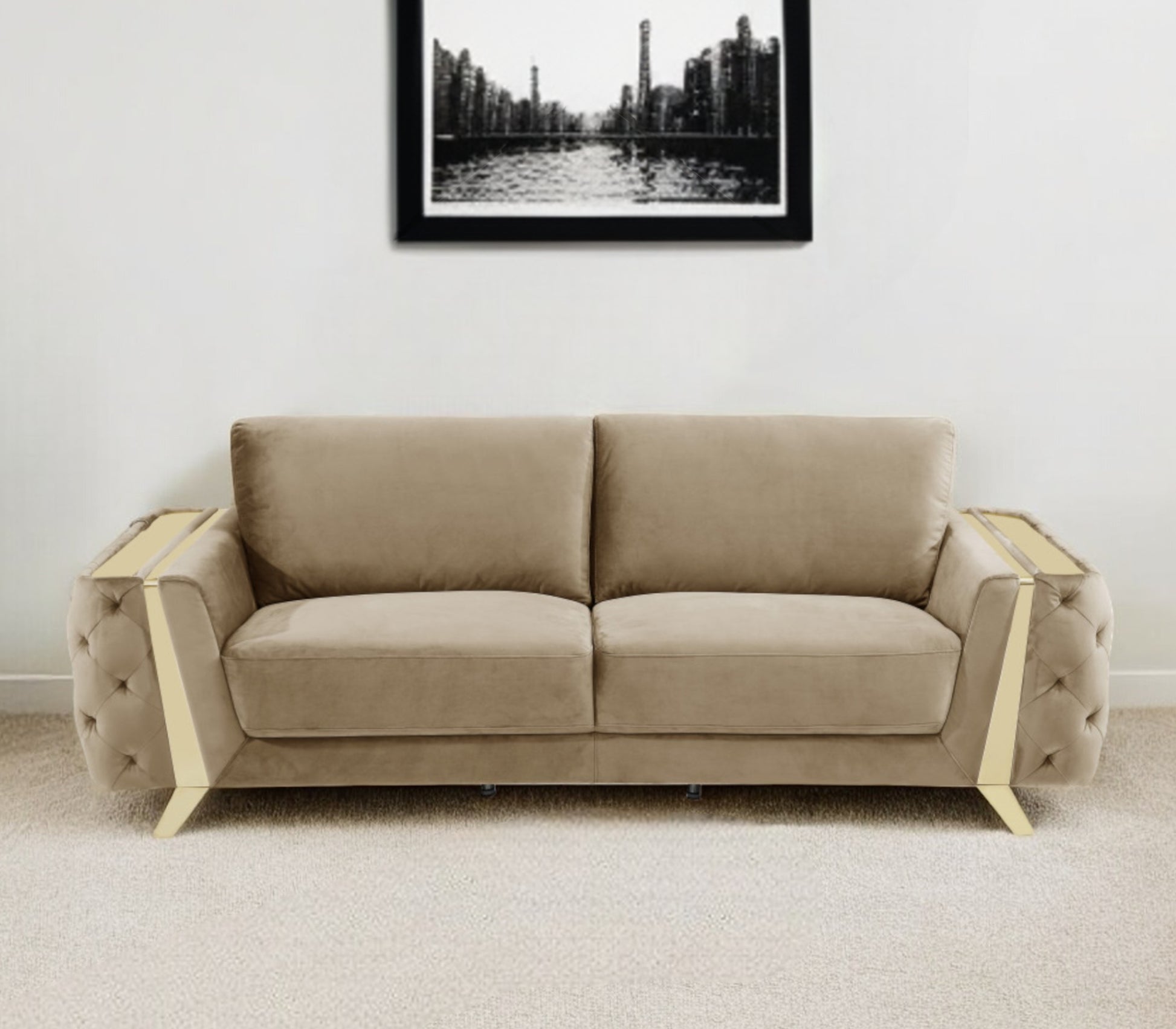 90" Beige Velvet Sofa With Gold Legs-0