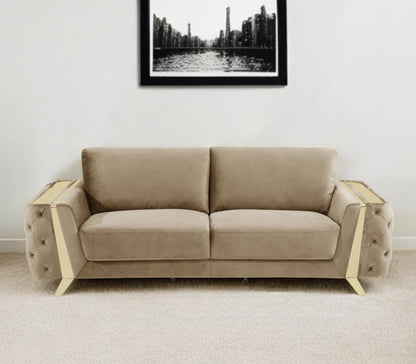90" Beige Velvet Sofa With Gold Legs-0