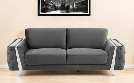 90" Gray Velvet Sofa With Silver Legs-0
