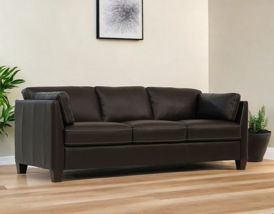 81" Chocolate Leather Sofa With Black Legs-0