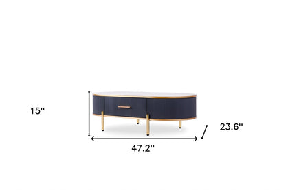 47" White And Gold Stone And Stainless Steel Oval Coffee Table With Drawer - Loft&Timber