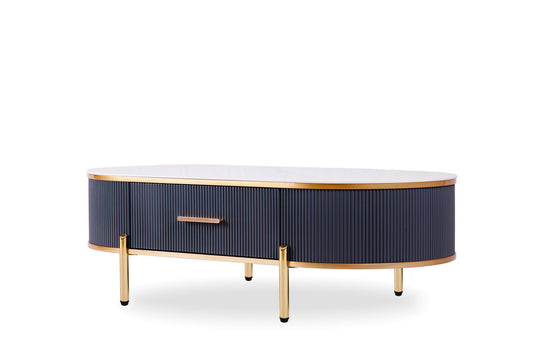 47" White And Gold Stone And Stainless Steel Oval Coffee Table With Drawer - Loft&Timber