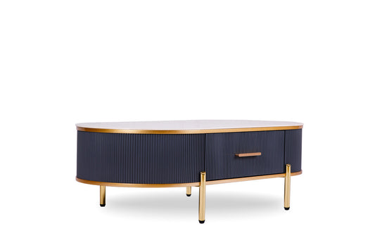 47" White And Gold Stone And Stainless Steel Oval Coffee Table With Drawer - Loft&Timber
