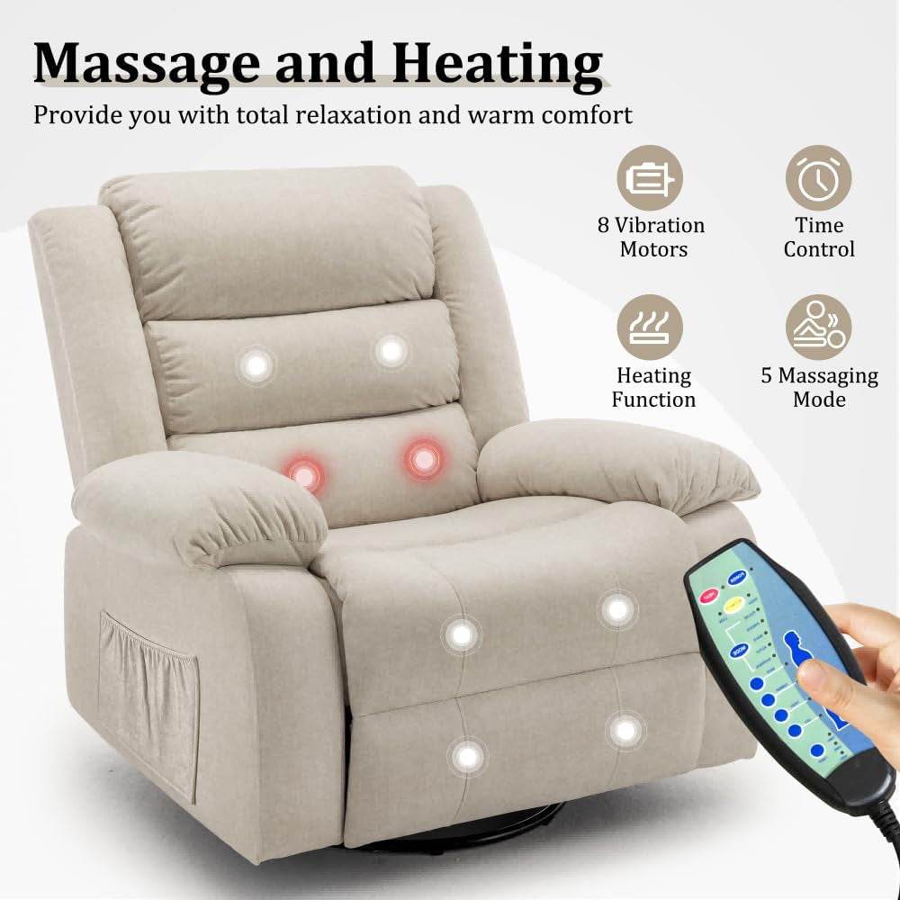 Recliner Chair, Wide Rocker Chair, Rocking Chair with Massage and Heat,360°Swivel Nursery Rocking Chairs, Oversized Recliner for Adults, Cashmere Reclining Sofa for Living Room, Beige - Loft&Timber