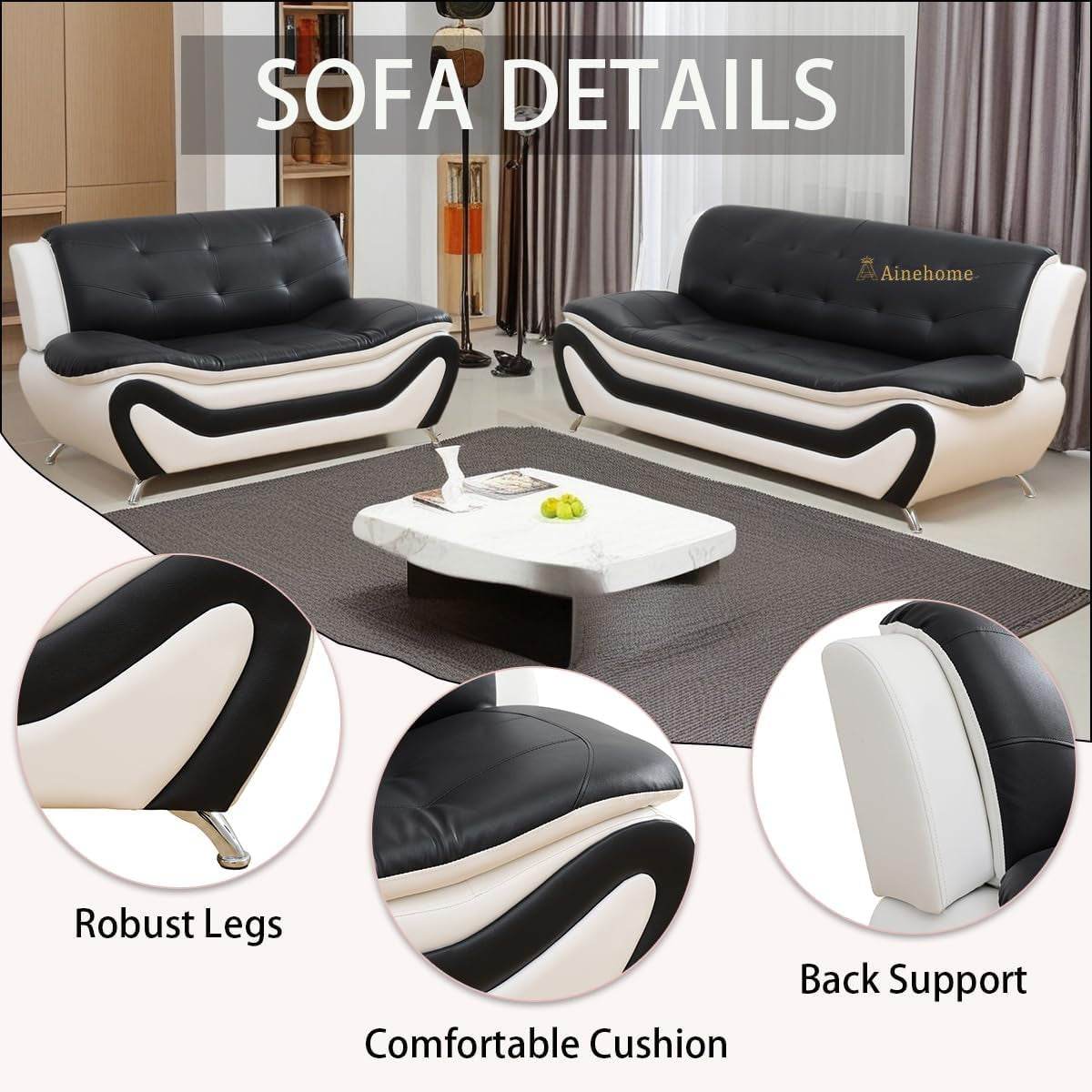 Sectional Sofa Sets, 5-Seat Sofa in Black/White, Sofa+Loveseat - Loft&Timber