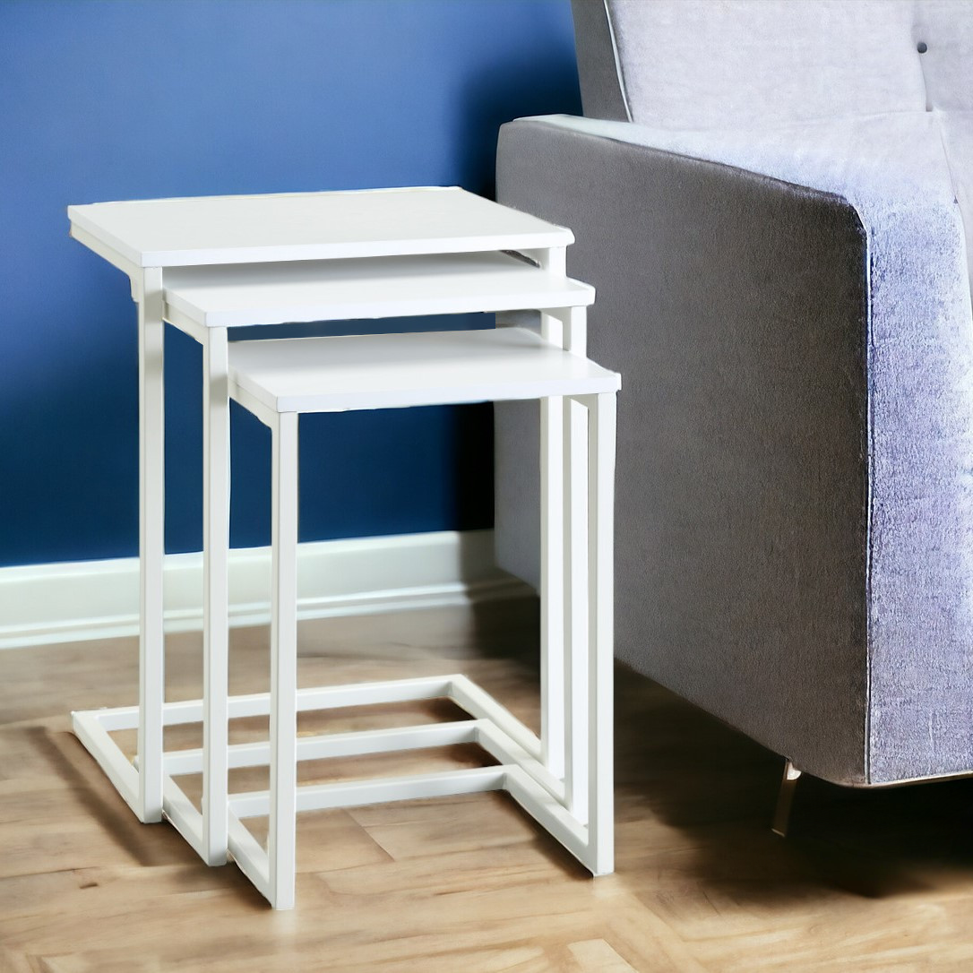 Set of Three 24" White Solid Wood And Steel Nested End Tables - Loft&Timber
