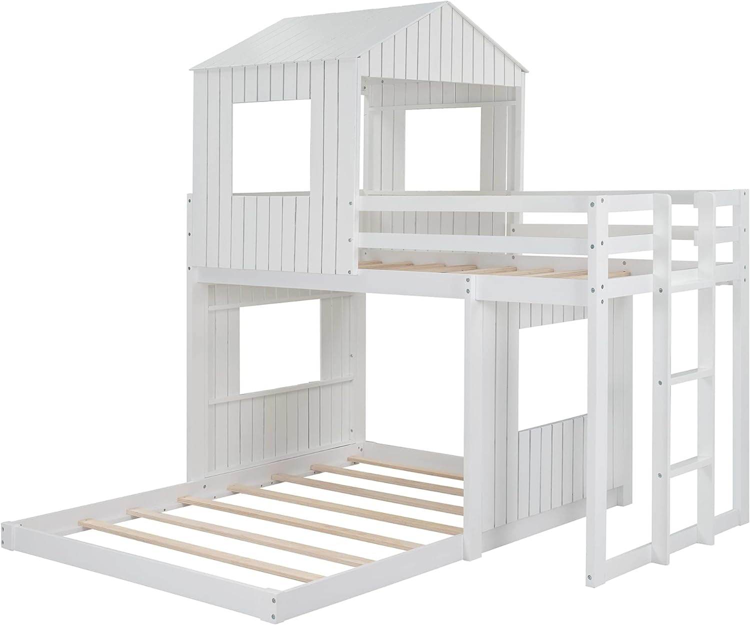 House Bunk Beds, Twin over Full Bunk Bed Wood Playhouse Bunkbed Low Bed Frame for Kids Toddlers Girls/Boys, White - Loft&Timber