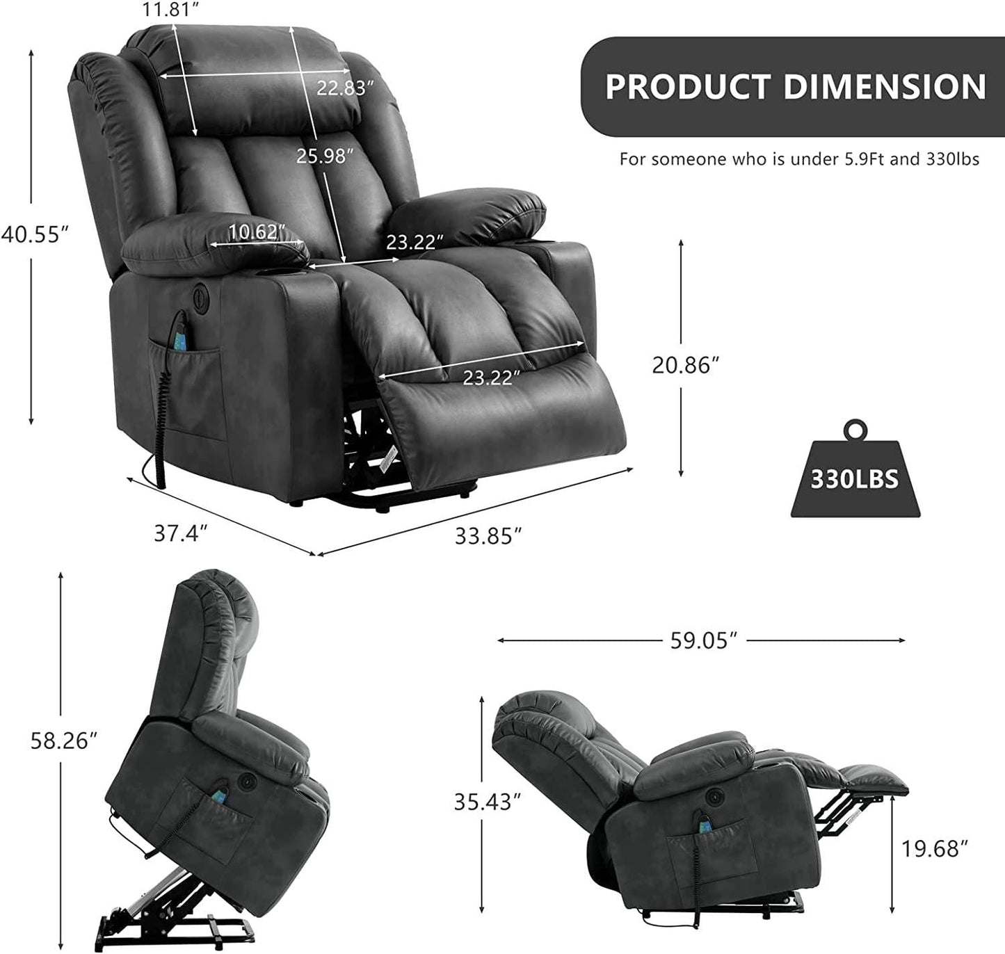 Electric Recliner Chair for Seniors, Grey - Loft&Timber