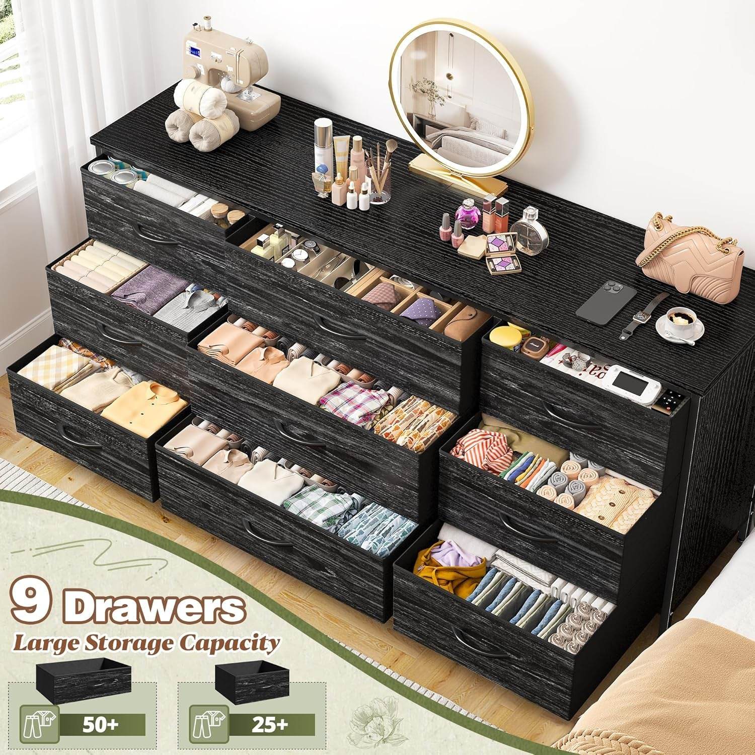 Dresser TV Stand with 9 Drawers for 60'' TV Stand in Charcoal Black - Loft&Timber