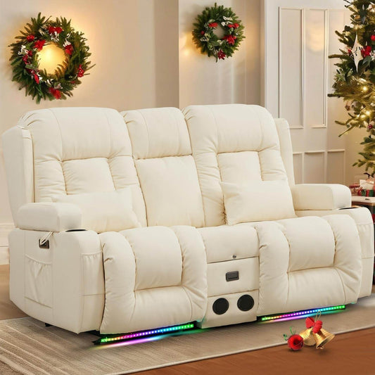 Power Loveseat Recliner Sofa with Massage & Heat (Cream White) - Loft&Timber