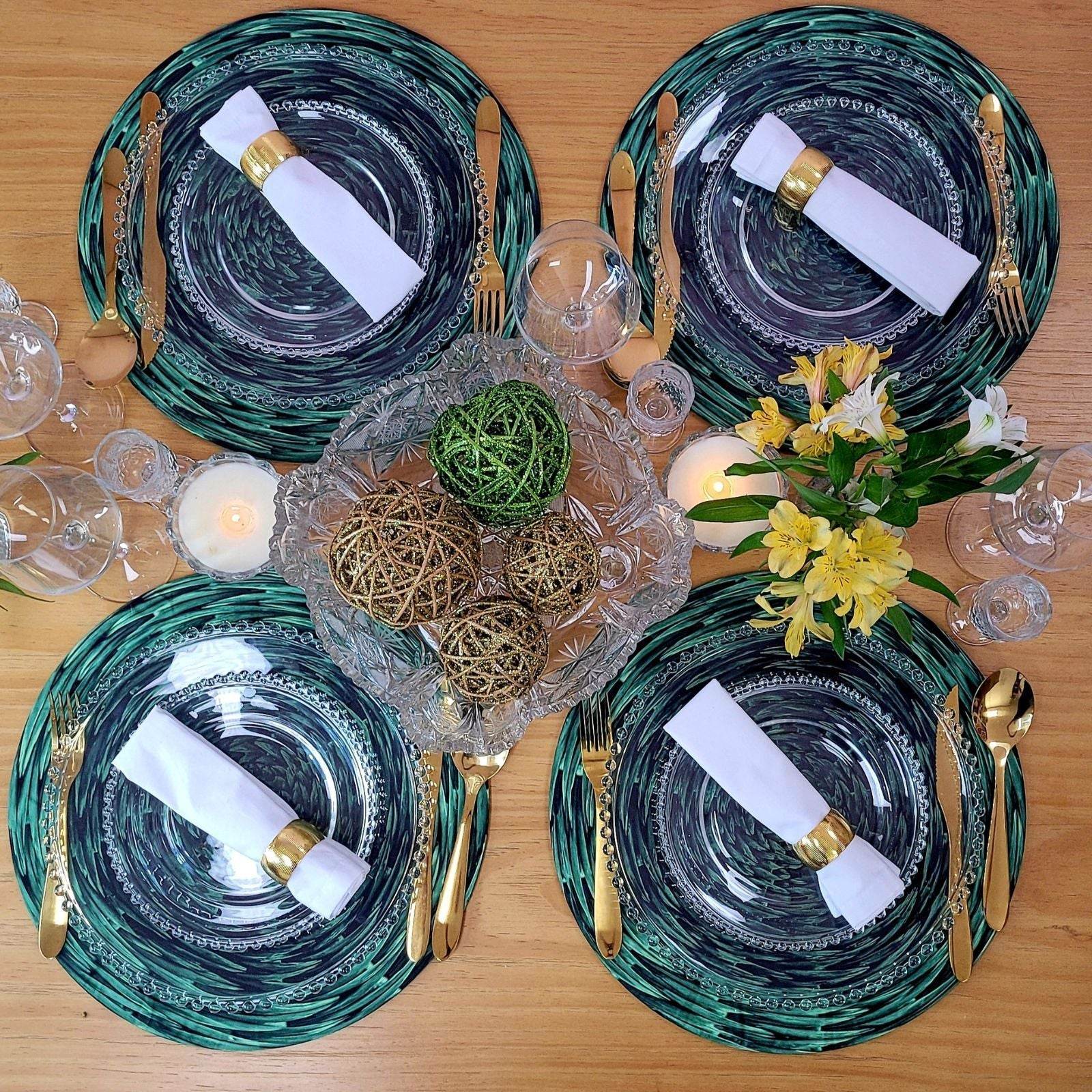 Set of 4 Round Placemats Covers Braided Green 14 Dia inch - Loft&Timber