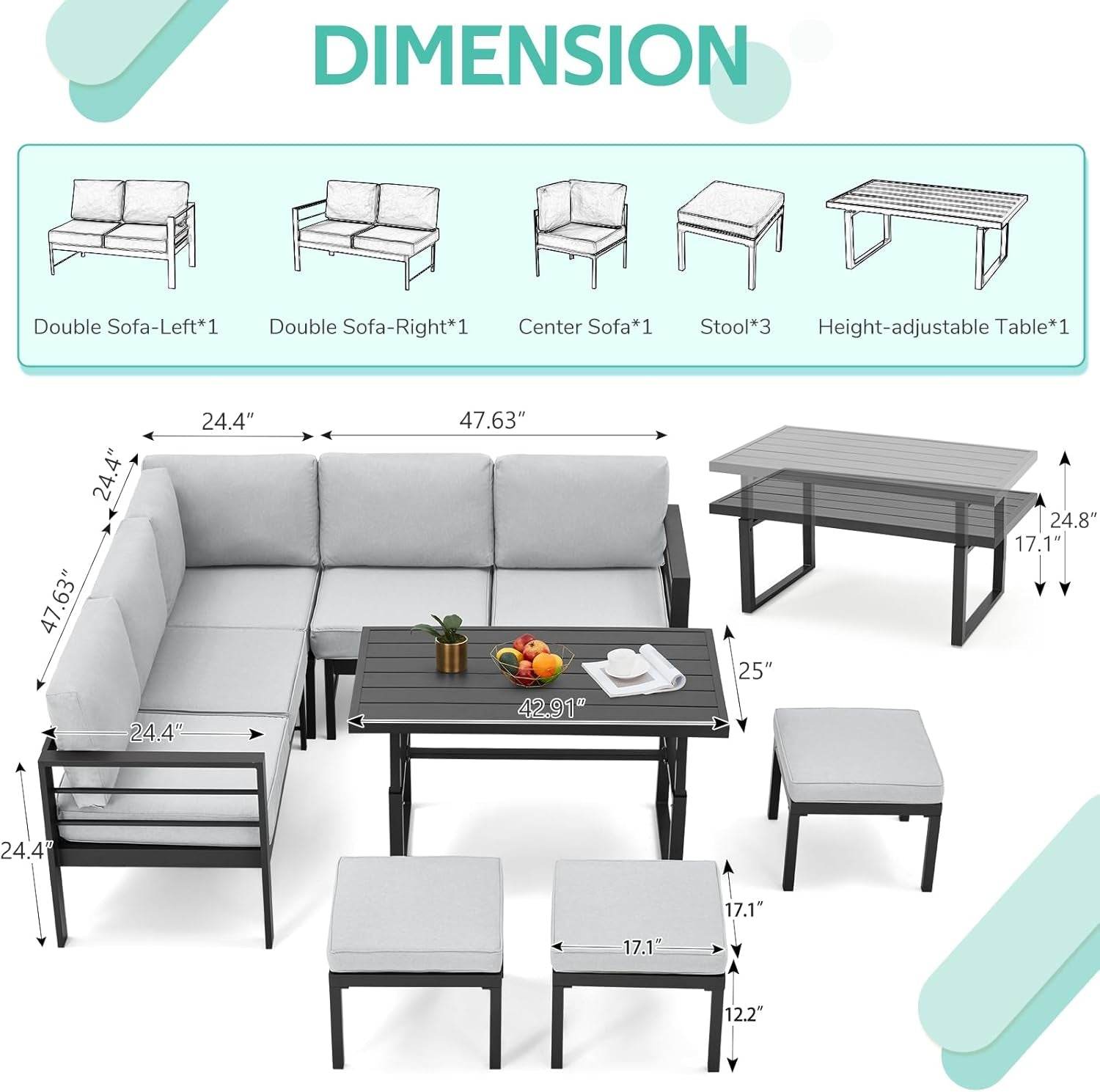 All Weather Aluminum Frame Patio Conversation Set, 7 Pieces Outdoor Patio Furniture, Patio Furniture Set, Outdoor Patio Set for Lawn, Garden, Balcony, Poolside, Conversation Set(Grey - Loft&Timber