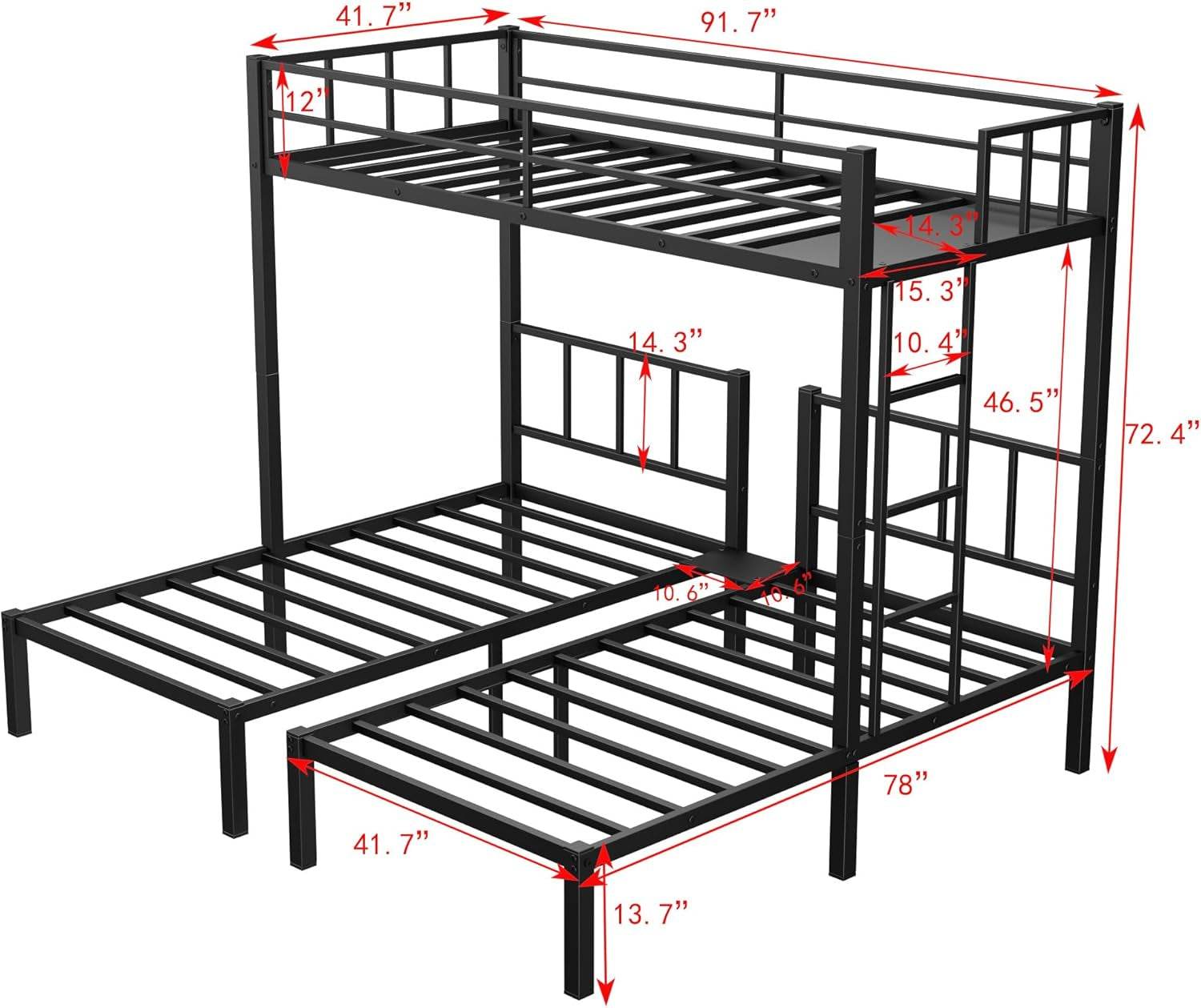 Twin over Twin over Twin Triple Bunk Bed for Kids,3 Bed Bunk Beds for 3,Metal Triple Bunk Beds with Built-In Desk,Separates into 3 Twin Beds,Noise Reduced Structure,Black - Loft&Timber