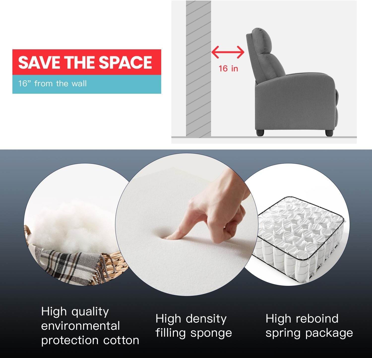 Recliner Chair Single Reclining Sofa, Grey - Loft&Timber