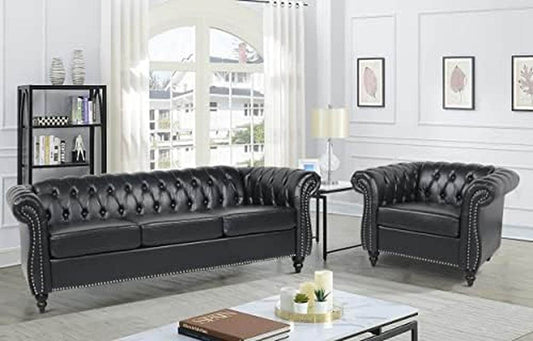 Modern Black Faux Leather Tufted Sofa Chair Set-0
