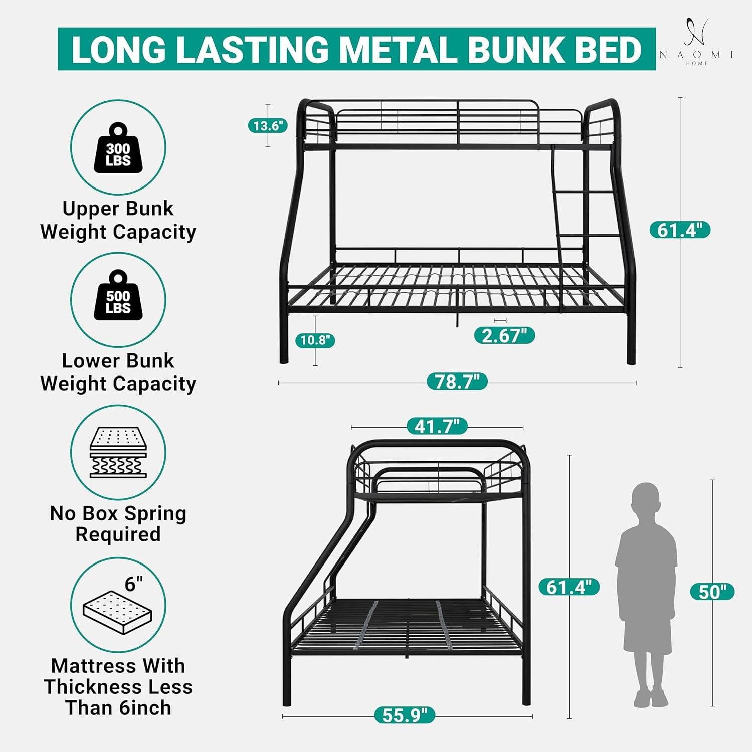 Hollywood Bunk Beds Twin over Full Size, Heavy Duty Metal Bunk Bed with Safety Guardrails, Angled Ladder, Underbed Storage, 800Lbs Capacity - for Kids and Teens, Twin over Full Bunk Bed, Black - Loft&Timber